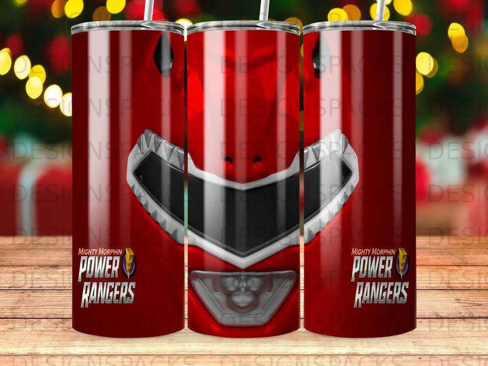 Mighty Morphin Power Rangers Red Ranger helmet tumbler with red and black stripes.
