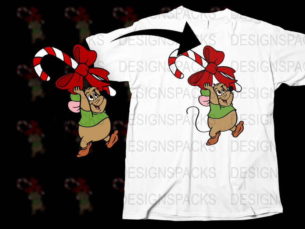 Christmas Mouse T-Shirt with Candy Cane and Bow, Festive Holiday Graphic Tee, Fun Winter Apparel for All Ages