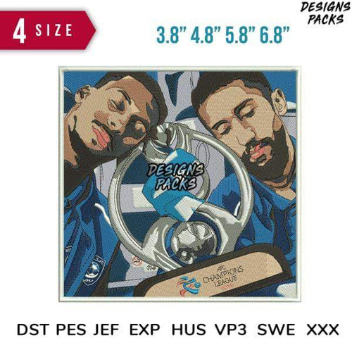 Embroidery design of two soccer players with UEFA Champions League trophy, available in DST PES JEF formats