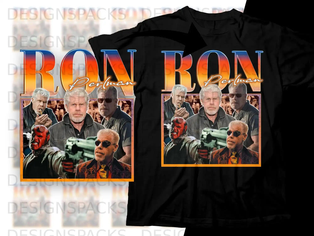 Ron Perlman with gun and fiery face on black t-shirt design.