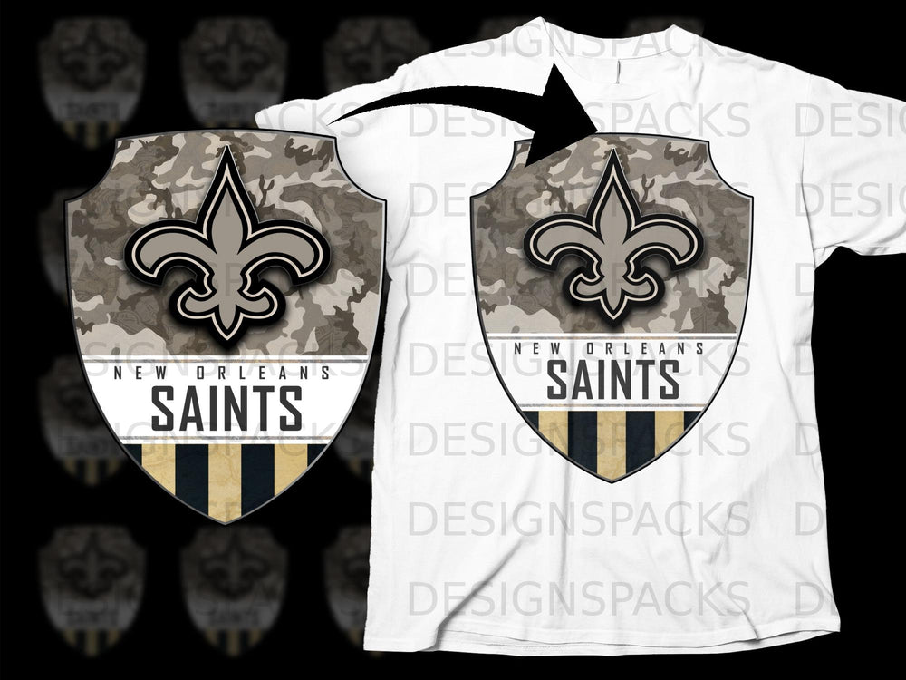 New Orleans Saints logo on camouflage shield with black and gold stripes.