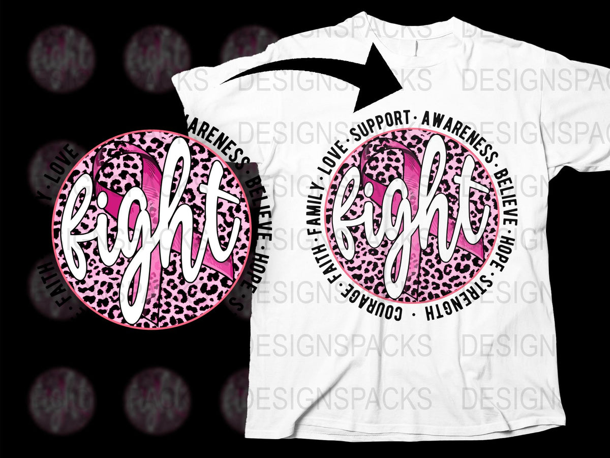 Fight Breast Cancer Awareness T-Shirt, Pink Leopard Print, Support Love Believe Hope Graphic Tee