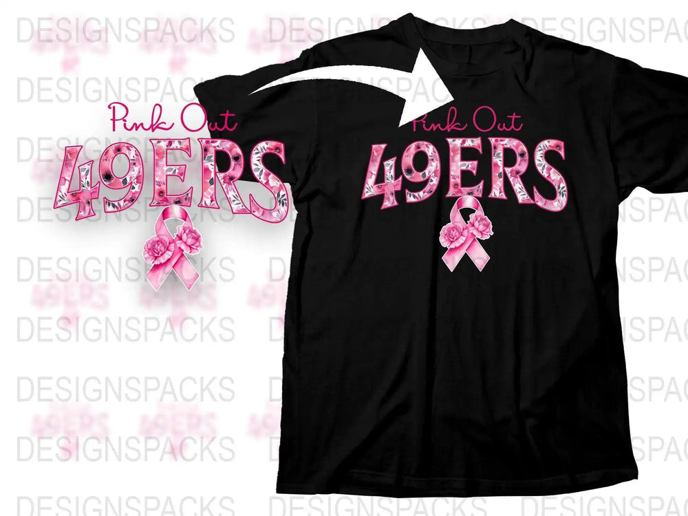 Pink Out 49ers T-Shirt, Breast Cancer Awareness, Black Sports Tee, Ribbon Print, Football Fan Apparel