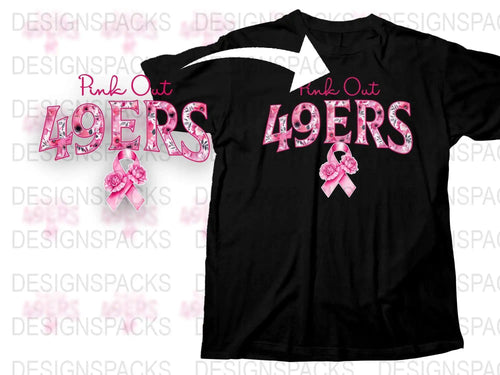 Pink Out 49ers T-Shirt, Breast Cancer Awareness, Black Sports Tee, Ribbon Print, Football Fan Apparel