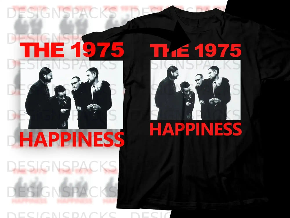 Black t-shirt with "The 1975 Happiness" text and band photo.