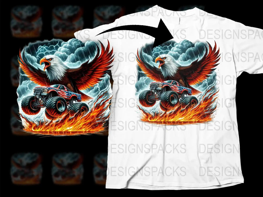 Men's Graphic Eagle and Monster Truck T-Shirt, Cool Fire Design, Novelty Tee for Car Enthusiasts