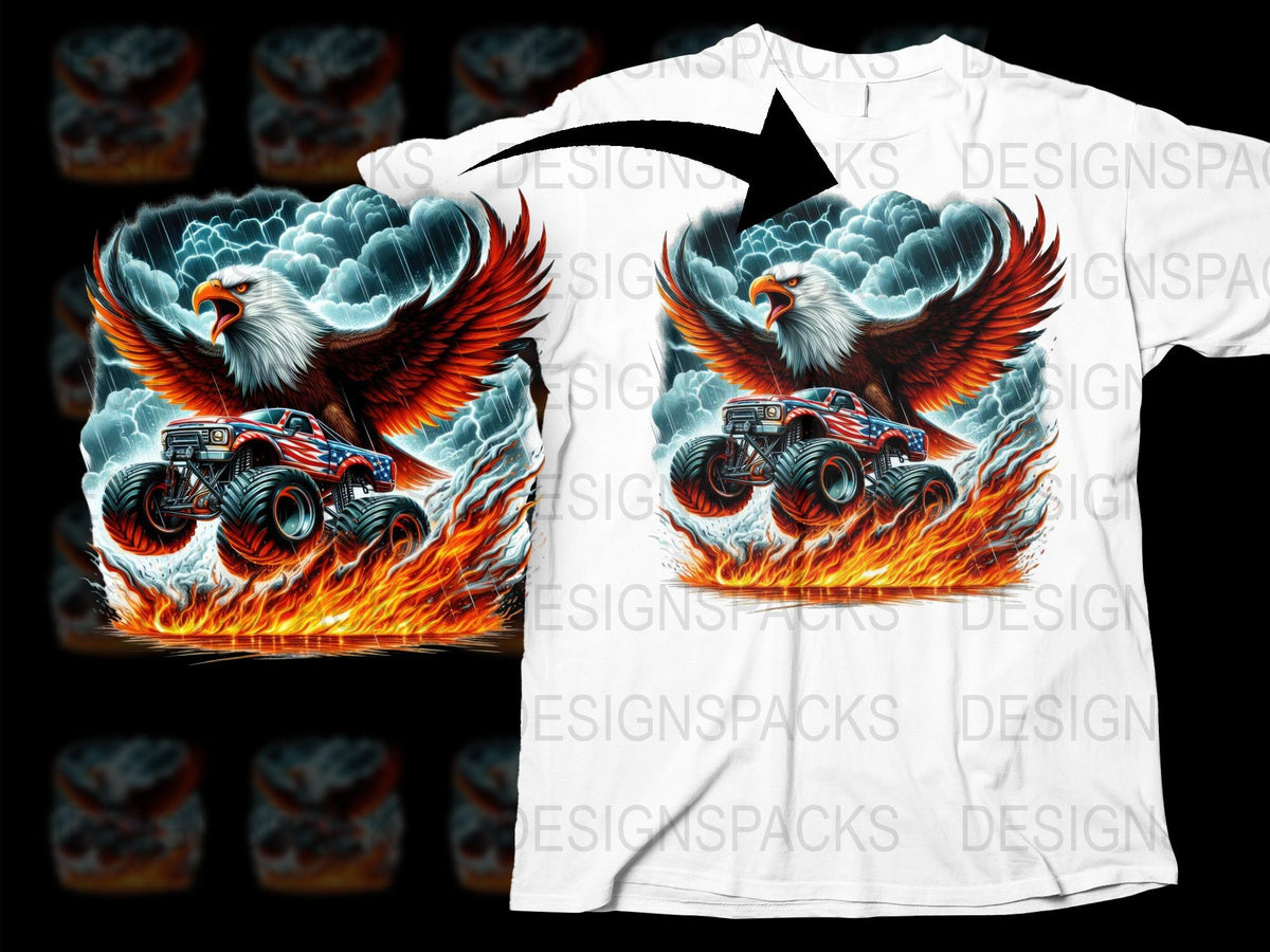 Men's Graphic Eagle and Monster Truck T-Shirt, Cool Fire Design, Novelty Tee for Car Enthusiasts