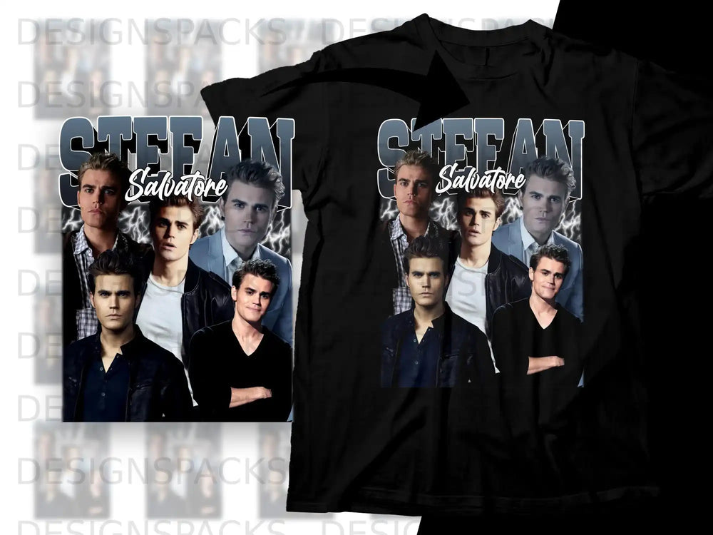 Black t-shirt with collage of Stefan Salvatore from The Vampire Diaries.