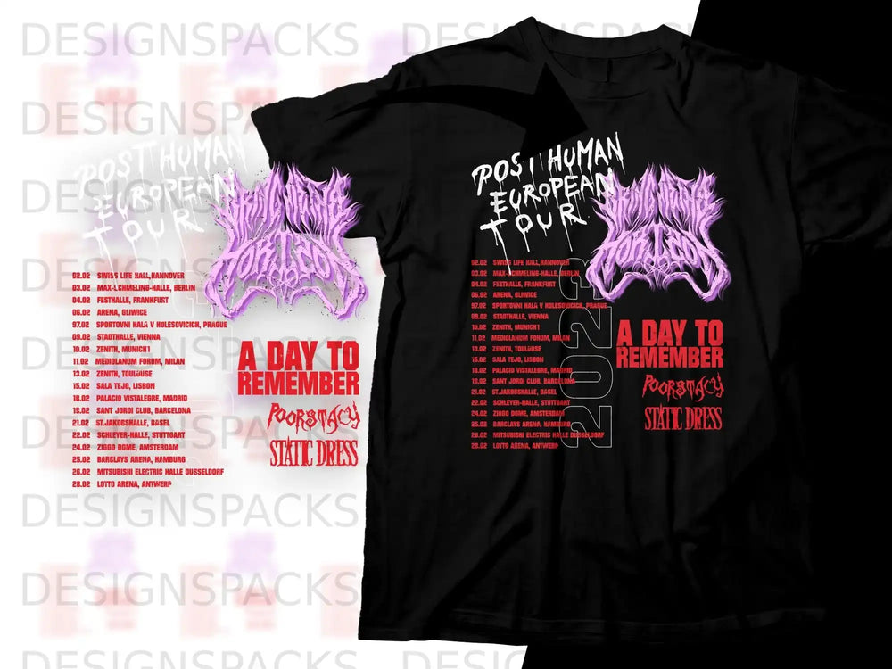 Black t-shirt with "POST HUMAN EUROPEAN TOUR" and a list of dates and venues.