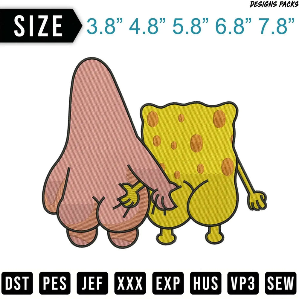 SpongeBob and Patrick Star embroidery designs, with file formats listed.