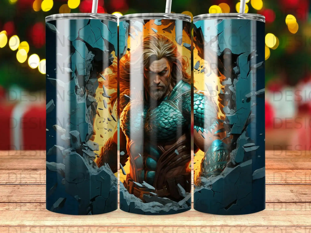 Aquaman bursts through a cracked wall, depicted in vibrant comic book style.