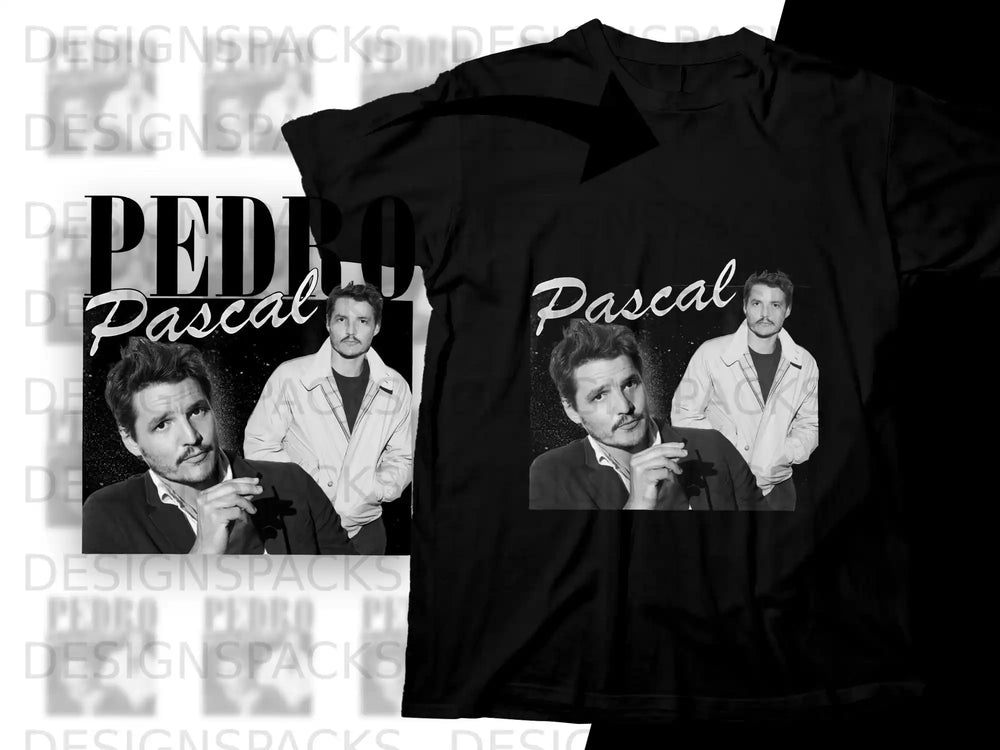 Black t-shirt featuring Pedro Pascal with his name above.
