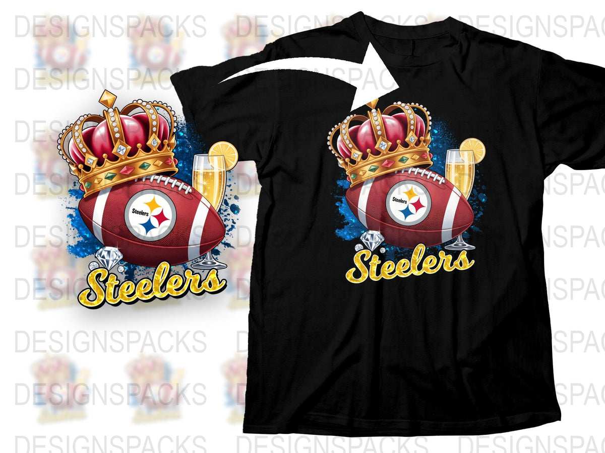 Pittsburgh Steelers T-Shirt, Crown and Football Design, Sports Fan Apparel, Black Team Tee