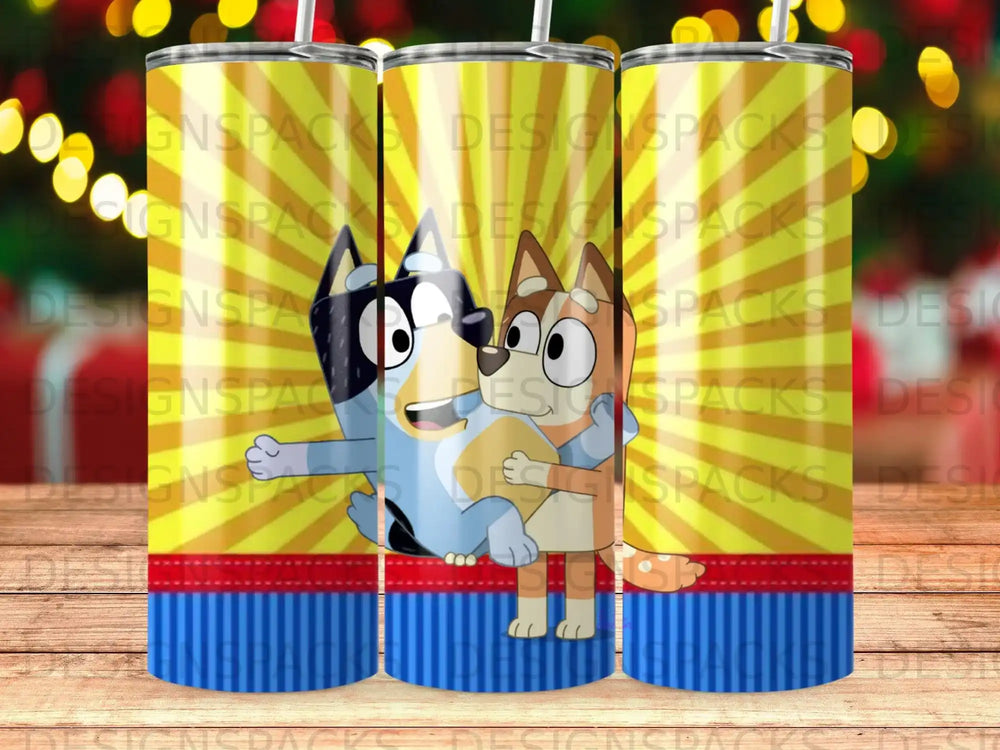 Bluey and Bingo characters on a yellow and blue striped tumbler with background patterns.