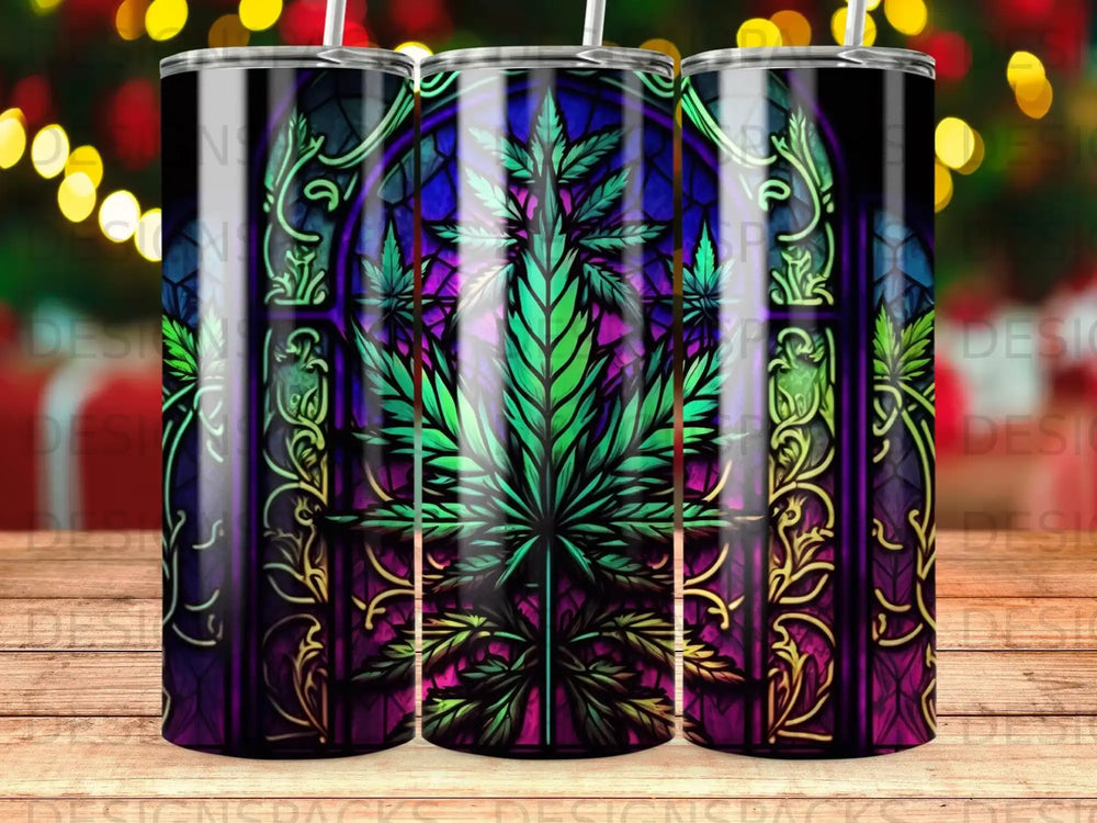 Stained glass pattern featuring a marijuana leaf and floral accents.