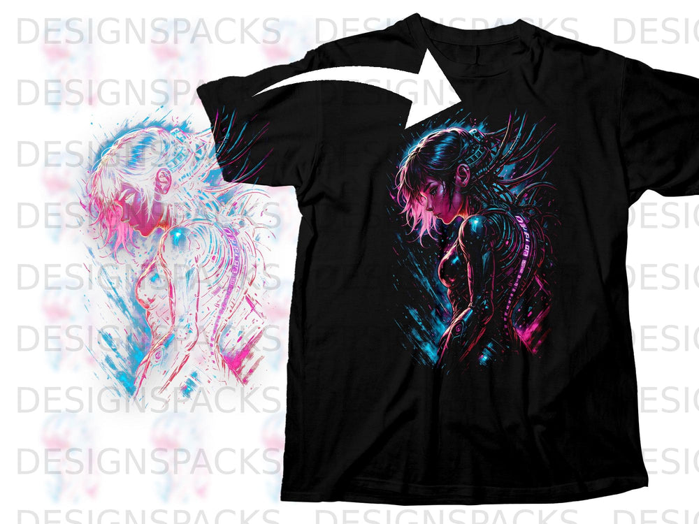 Black t-shirt featuring a cyberpunk woman with pink and blue accents.