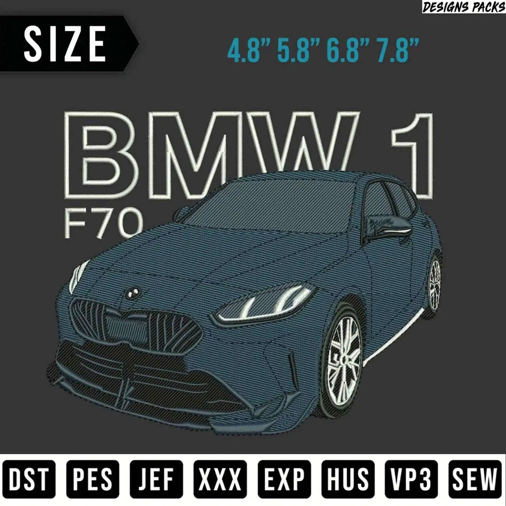 BMW 1 F70 car embroidery design files in multiple sizes and formats.