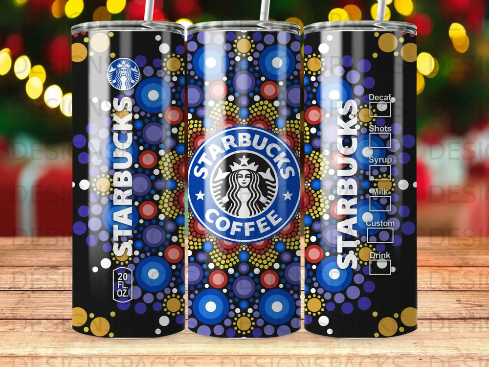 Starbucks tumbler with colorful mandala pattern and coffee drink options.