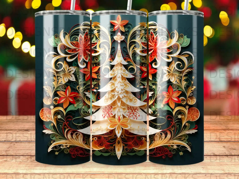 Holiday tree with intricate floral and paisley designs on a dark background.