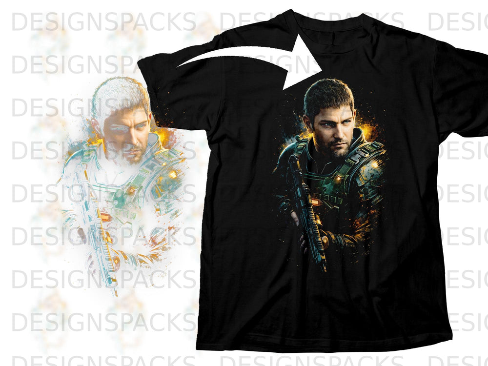 Black t-shirt featuring a digital painting of a soldier holding a rifle.