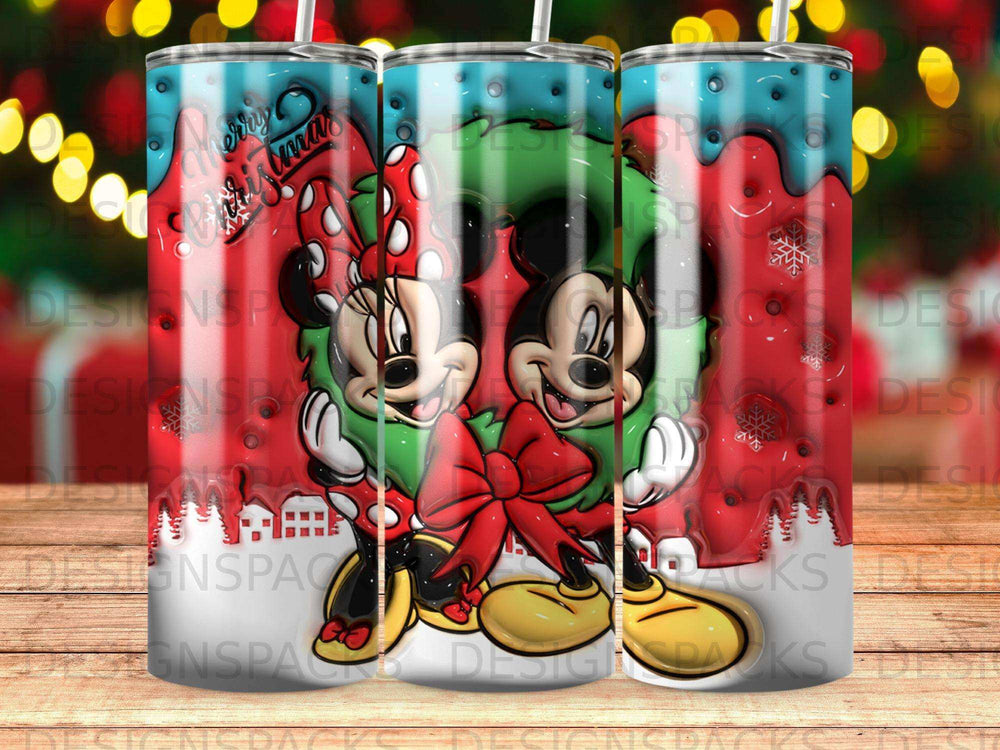 Mickey and Minnie Mouse in Christmas attire, with "Merry Christmas" text.
