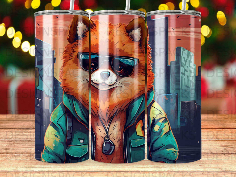Cool cartoon fox wearing sunglasses and jacket, standing in city.