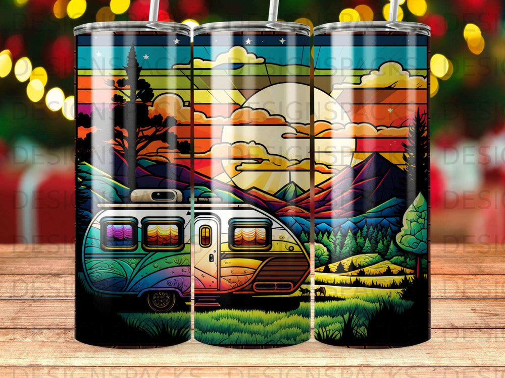 Colorful retro camper van at sunset in mountain landscape.