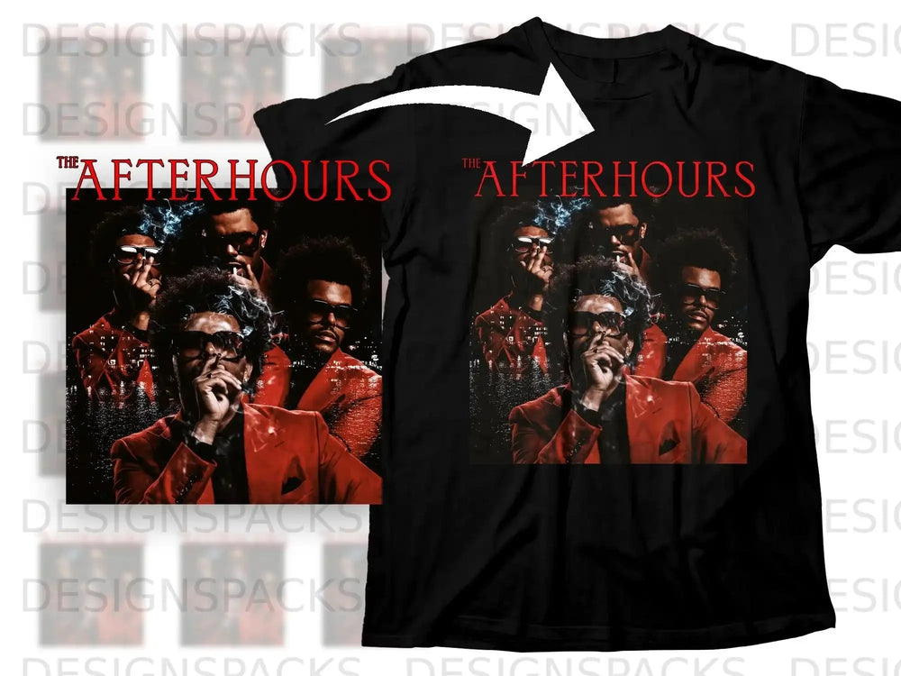 Black t-shirt featuring The Weeknd's "After Hours" album art.