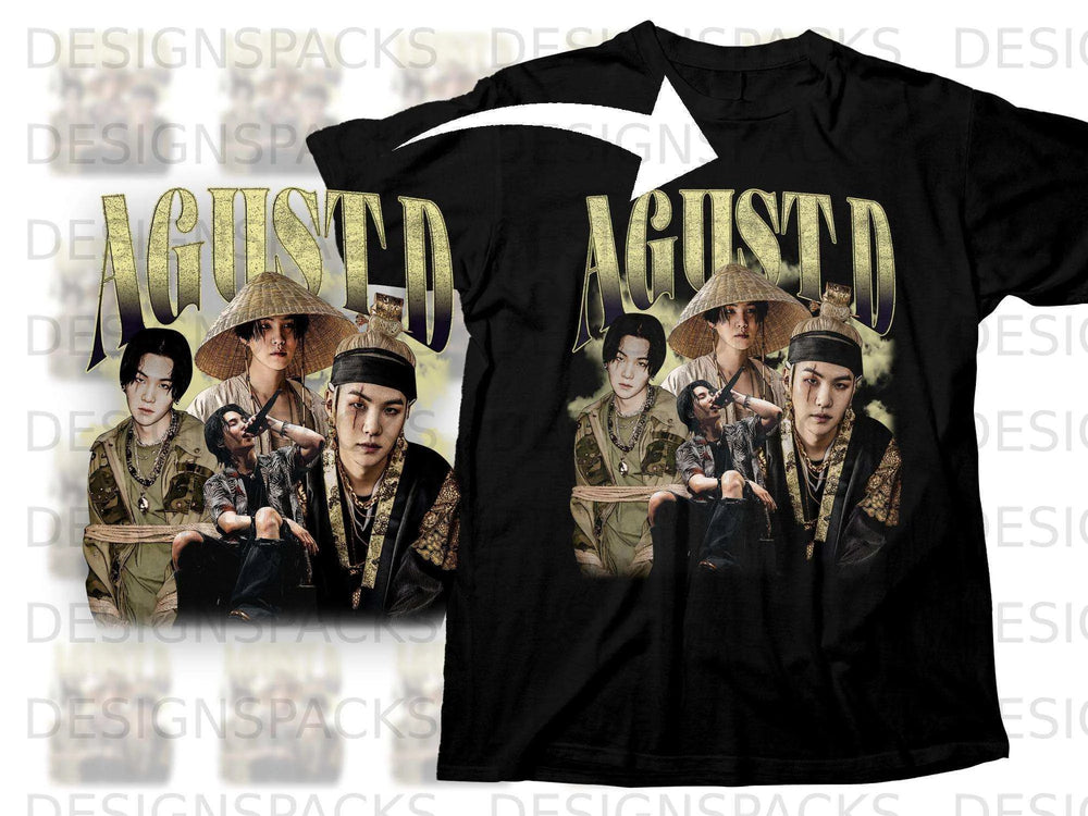 Black t-shirt with "AGUSTD" and four men in traditional Korean clothing.