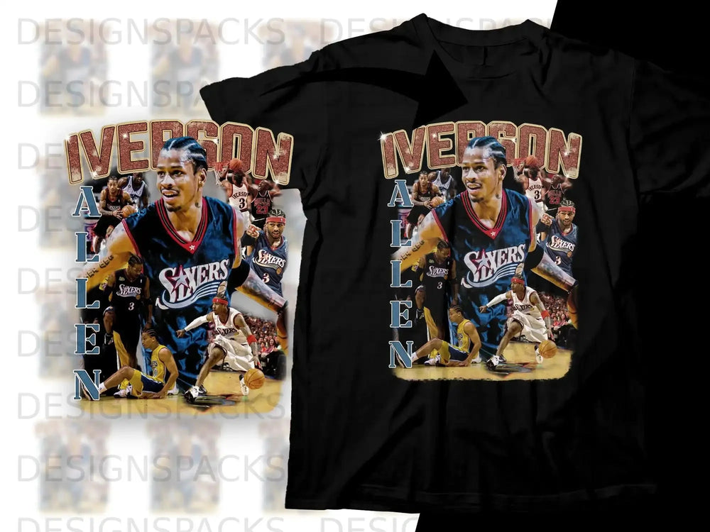 Allen Iverson Sixers basketball jersey on black t-shirt.