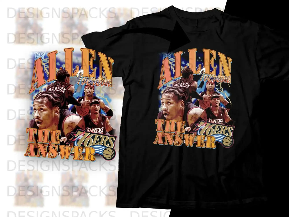 T-shirt featuring Allen Iverson, "The Answer," with "6ers" and player graphics.