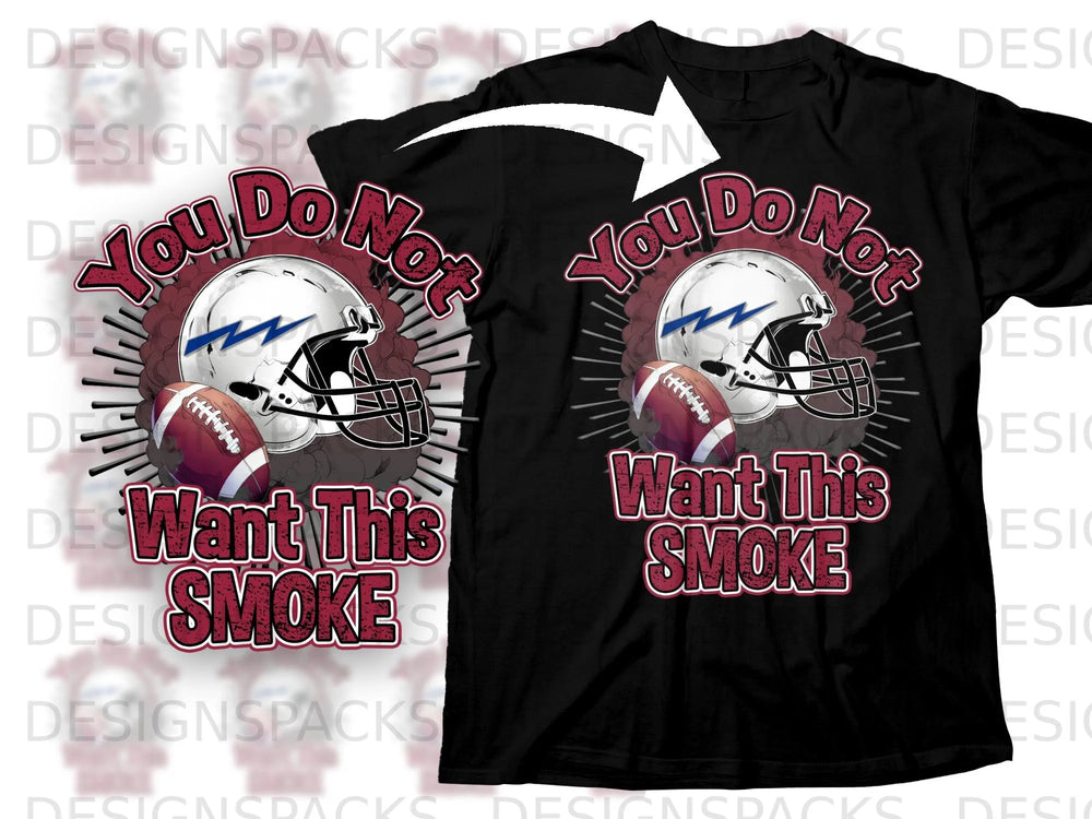 Black t-shirt with white and maroon text and graphics featuring a football helmet and ball.