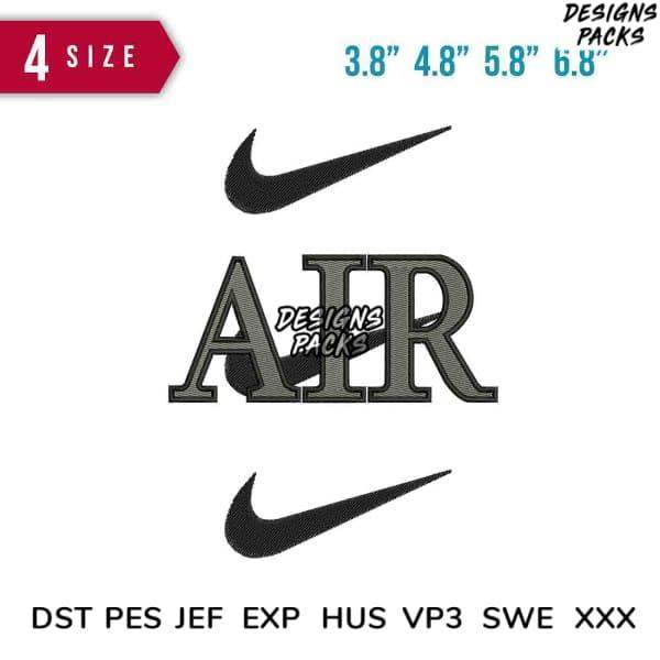 Embroidery design with Nike swoosh and AIR text in 4 sizes, compatible with DST PES JEF formats