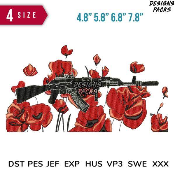 Embroidery design featuring red poppies and a rifle, available in multiple sizes and formats for instant download.