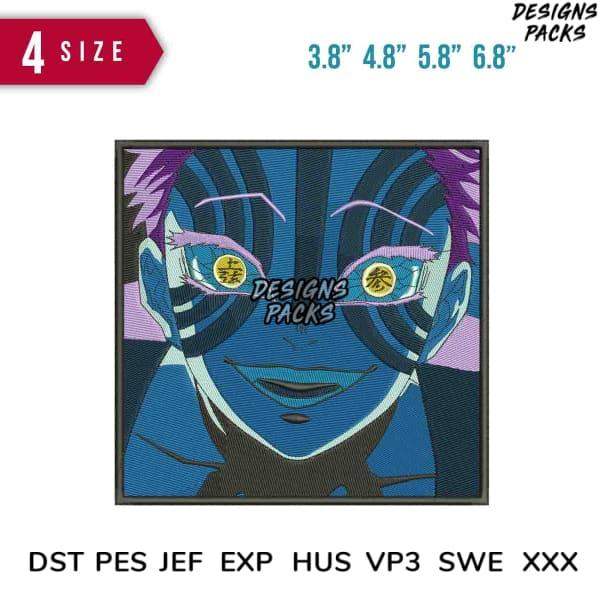 Blue anime character embroidery design with purple accents, available in multiple sizes and formats
