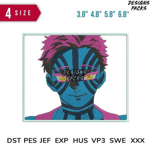 Anime-style embroidery design with pink hair, blue skin, and 4 size options for DST PES JEF formats