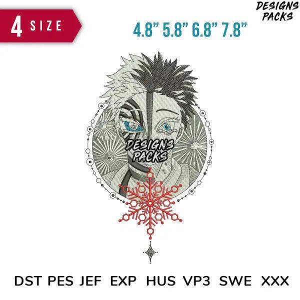 Embroidery design with anime-style face, snowflake, and 4 size options in DST PES JEF formats