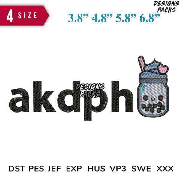 Embroidery design with 'akdph' text and boba tea jar, 4 sizes, PES DST JEF formats