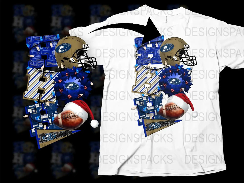 Festive Football Helmet Graphic T-Shirt, Blue and Gold Holiday Design, Christmas Sports Fan Apparel