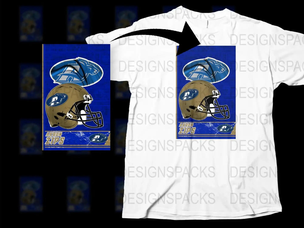 Akron Zips Football Helmet Graphic T-Shirt, College Sports Fan Apparel, Blue and White Team Spirit Wear