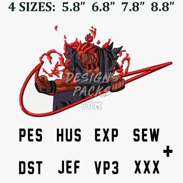 Embroidery design of fiery character with red swoosh, available in PES, HUS, EXP, SEW, DST, JEF, VP3, XXX formats