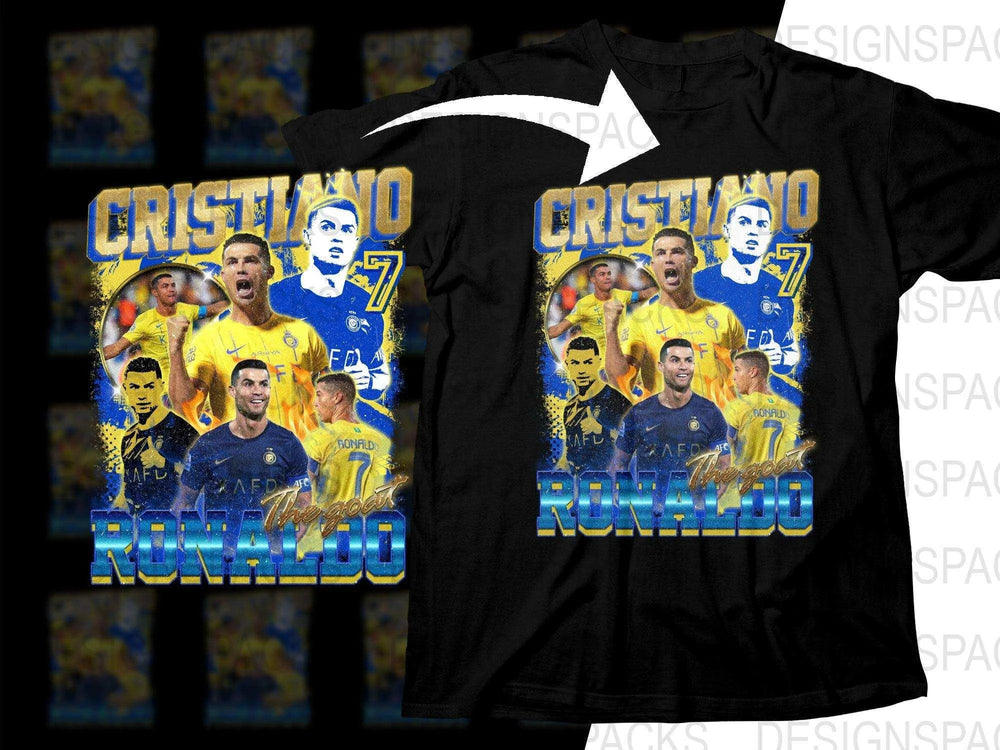 Cristiano Ronaldo soccer t-shirt design with 'The GOAT' text and multiple action poses in yellow and blue.