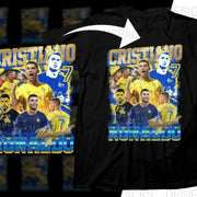Cristiano Ronaldo soccer t-shirt design with 'The GOAT' text and multiple action poses in yellow and blue.
