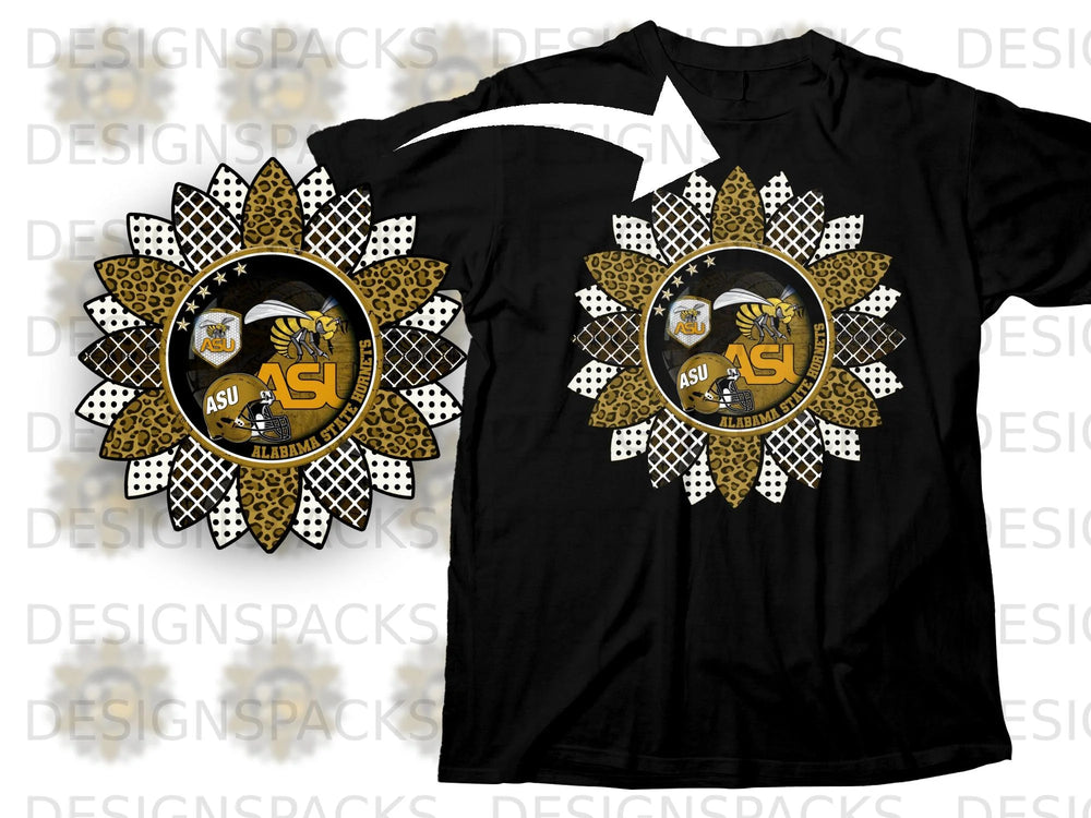 ASU Hornets sunflower graphic with leopard print and patterns on a black t-shirt.