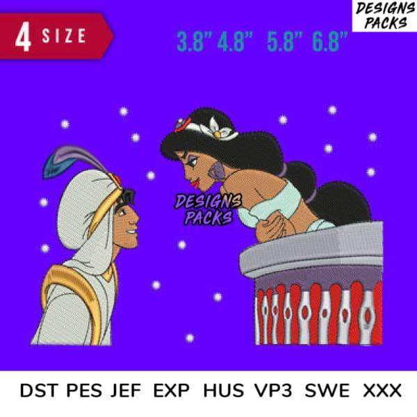 Aladdin and Jasmine embroidery design in 4 sizes, print-ready formats for DTG, DTF, and tumbler wraps