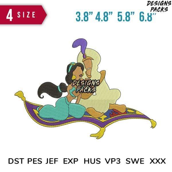 Jasmine on magic carpet embroidery design in 4 sizes, PES DST JEF formats for instant download