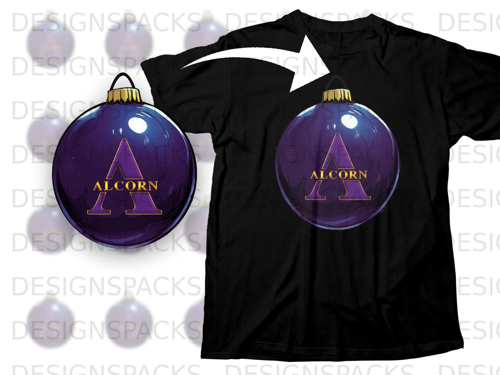 Black t-shirt featuring a purple ornament with "ALCORN" and a gold letter A.