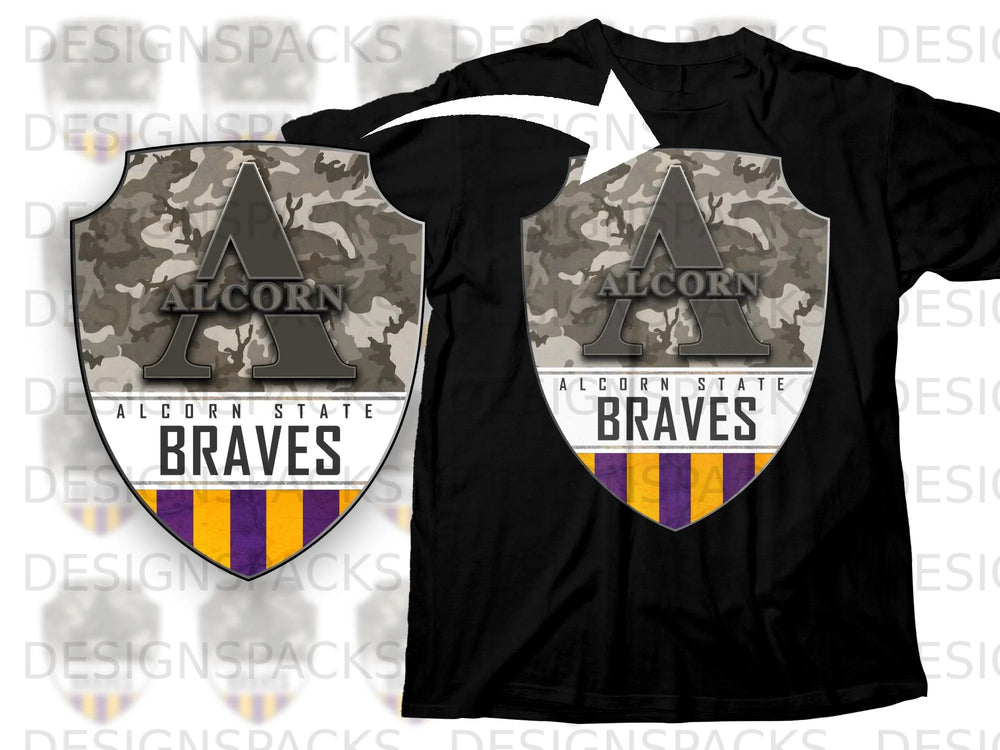 Alcorn State Braves shield logo with camouflage pattern and purple and gold stripes.