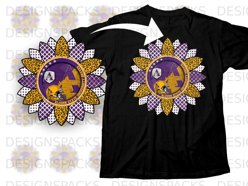 Sunflower design with Alcorn State University logo and football helmet on black t-shirt.