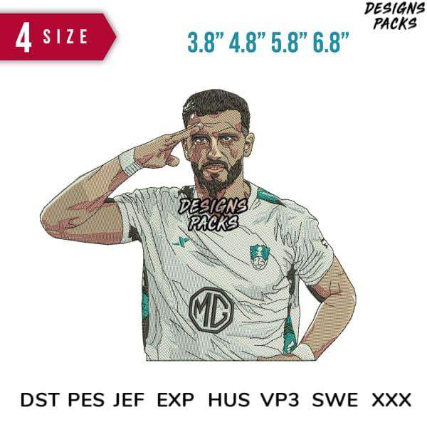 Soccer player saluting in jersey, embroidery design in DST PES JEF formats, 4 sizes available